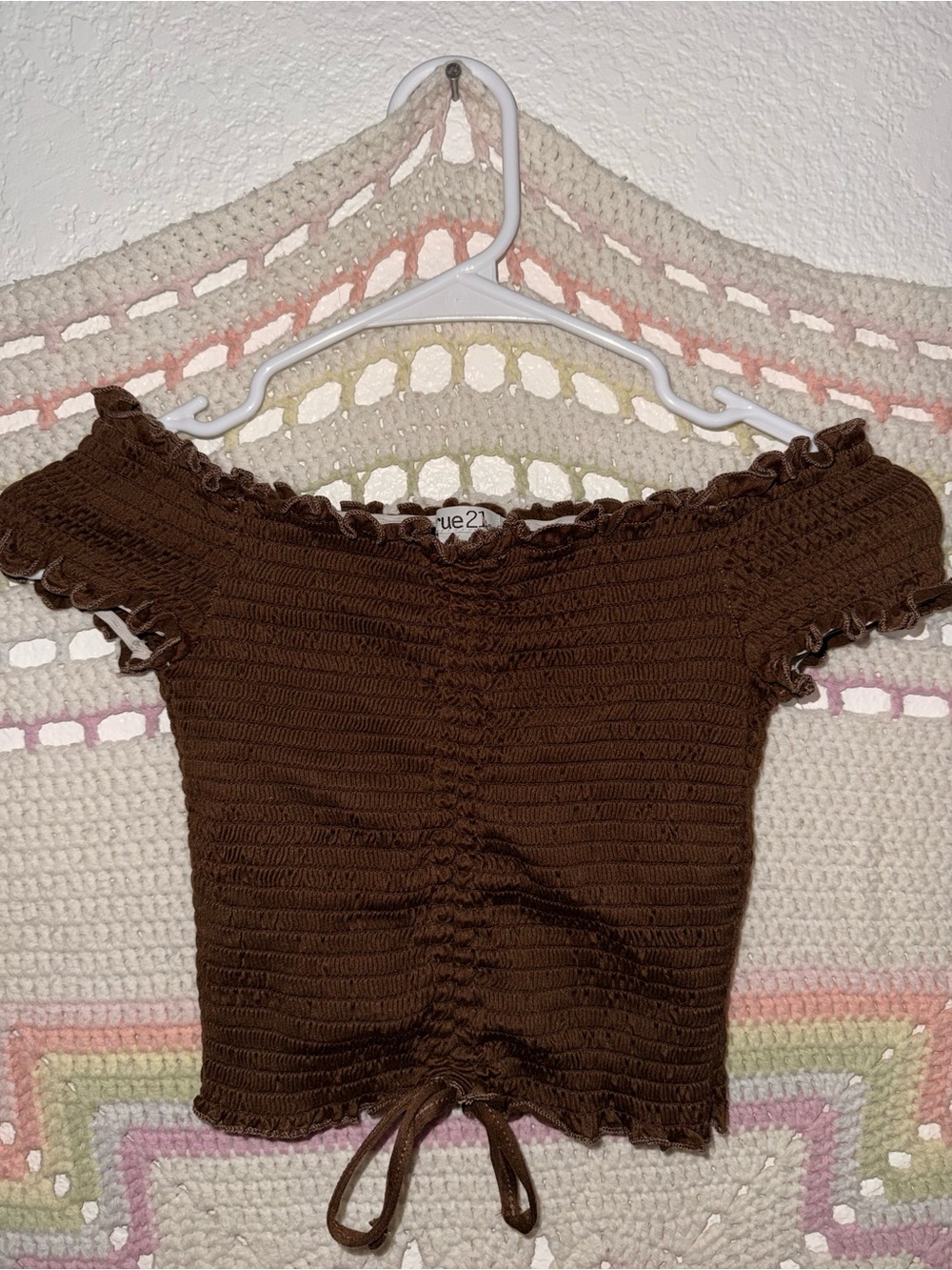 Rue21 Chocolate Brown Smocked Off-Shoulder Crop Top